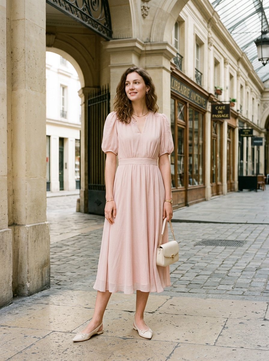 Đầm Midi Chiffon Hồng Phấn Tay Phồng - Fleurie