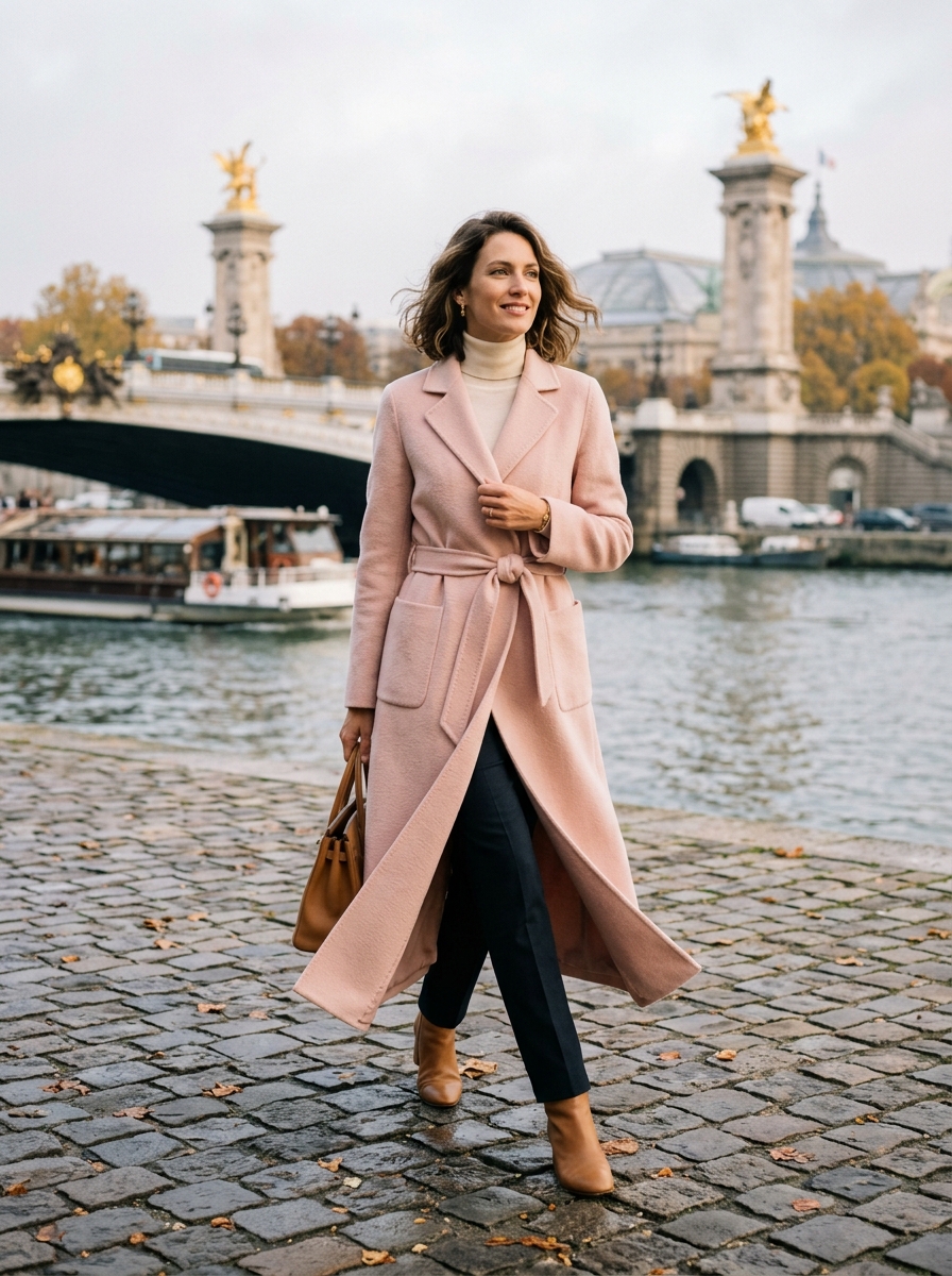 Áo Khoác Dáng Dài Dạ Ép Hồng Pastel - Amélie